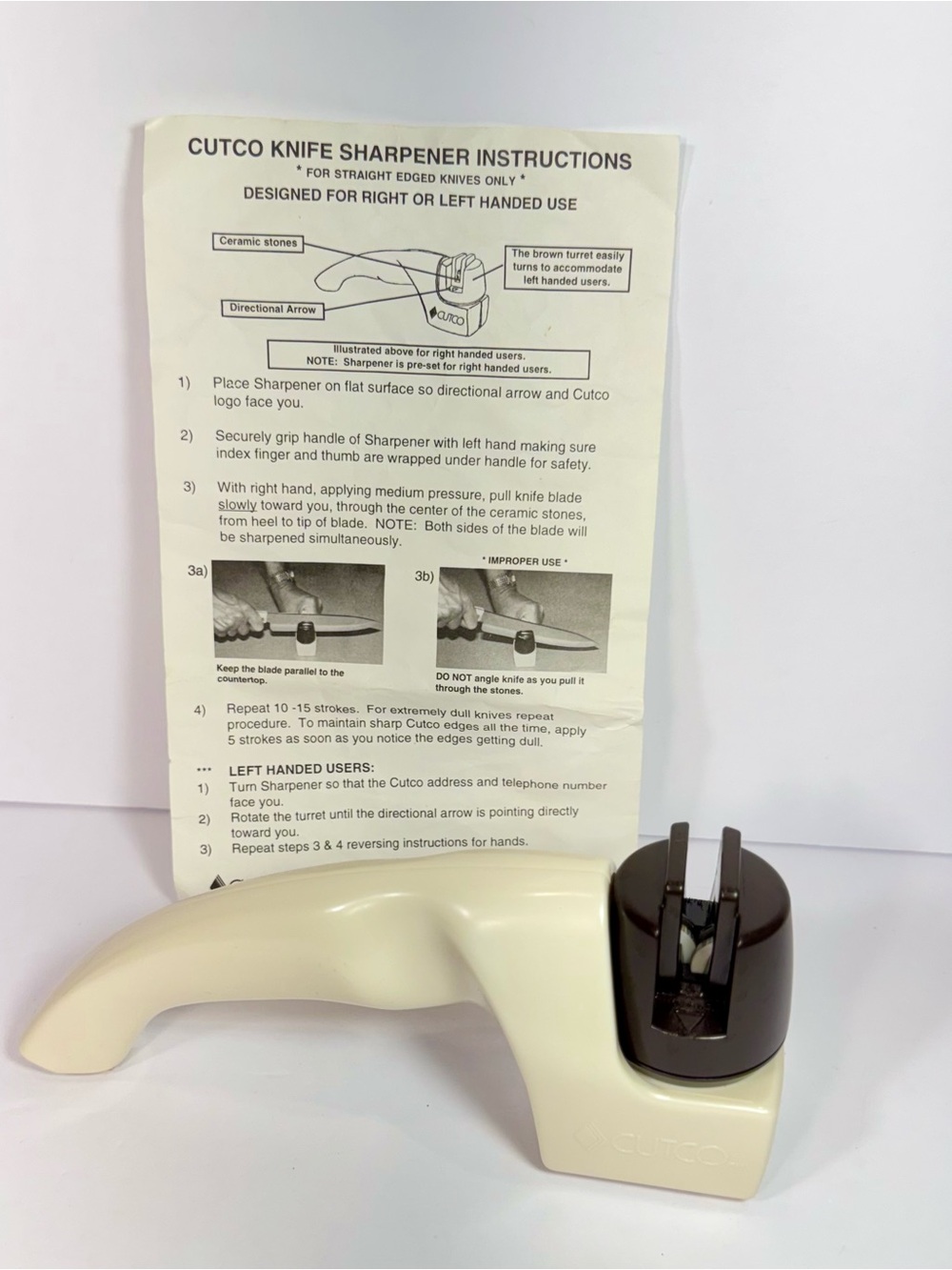 Vintage Cutco Manual Knife Sharpener Handheld Pull Through Pearl White and Brown